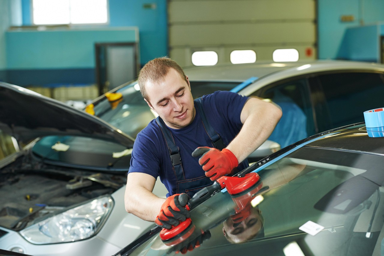 Professional replacing a windscreen