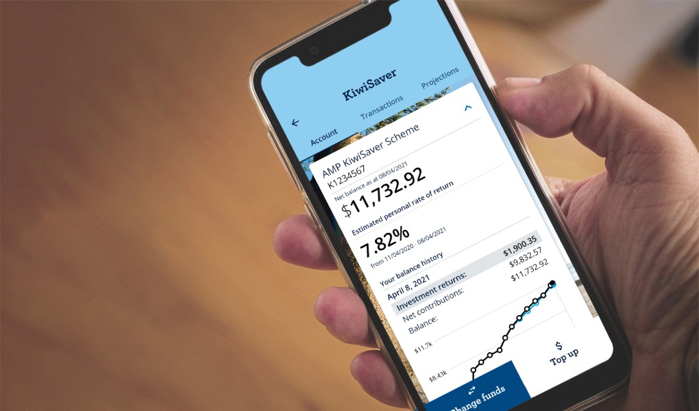The MyAMP online portal dashboard showing a member's AMP KiwiSaver Scheme investment performance